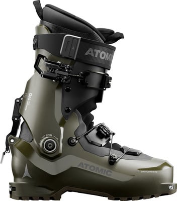 Grüner Atomic-Skischuh mit Schnallen und ROM-Einstellung. Grüner Atomic-Skischuh mit Schnallen und ROM-Einstellung.