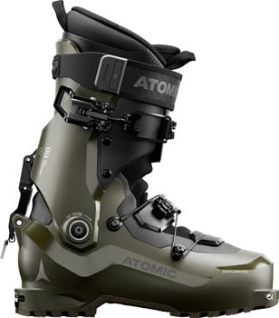 Grüner Atomic-Skischuh mit Schnallen und ROM-Einstellung.