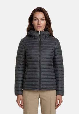 Dunkelgraue Damen-Steppjacke mit Kapuze und Reißverschluss.