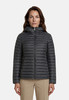 Dunkelgraue Damen-Steppjacke mit Kapuze und Reißverschluss.
