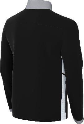Schwarzer Pullover mit grauem Kragen und weißem Seitenstreifen.