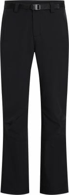 Schwarze Hose mit Gürtel und Metallschnalle, gerader Schnitt.