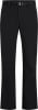 Schwarze Hose mit Gürtel und Metallschnalle, gerader Schnitt.