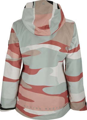 Rückseite einer Damenjacke mit Camouflage-Muster in Pastellfarben.