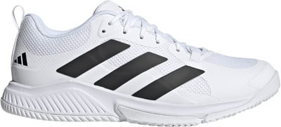 Weiße Adidas Tennisschuhe mit drei schwarzen Streifen und Logo an der Ferse. Weiße Adidas Tennisschuhe mit drei schwarzen Streifen und Logo an der Ferse.