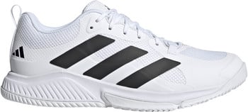 Weiße Adidas Tennisschuhe mit drei schwarzen Streifen und Logo an der Ferse.