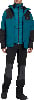 Mann in blau-schwarzer Winterjacke und schwarzer Hose mit grauen Einsätzen.