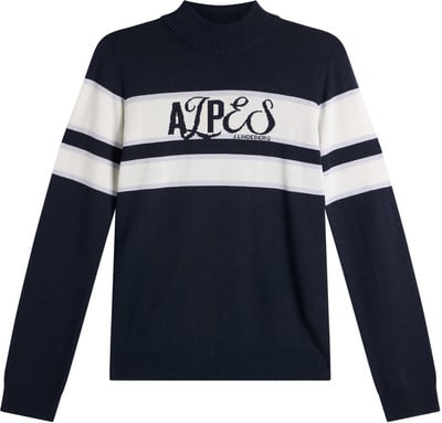 Dunkelblauer Pullover mit Streifen und J.Lindeberg-Logo auf der Brust. Dunkelblauer Pullover mit Streifen und J.Lindeberg-Logo auf der Brust.