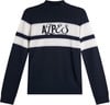 Dunkelblauer Pullover mit Streifen und J.Lindeberg-Logo auf der Brust.