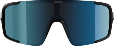 Schwarze Skibrille mit blauen Spiegelscheiben und Alpina-Logo. Schwarze Skibrille mit blauen Spiegelscheiben und Alpina-Logo.