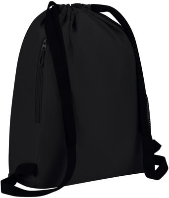 Schwarzer Rucksack mit Kordelzug und seitlicher Reißverschlusstasche. Schwarzer Rucksack mit Kordelzug und seitlicher Reißverschlusstasche.