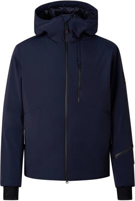 Dunkelblaue Herren-Skijacke mit Kapuze und schwarzen Reißverschlüssen. Dunkelblaue Herren-Skijacke mit Kapuze und schwarzen Reißverschlüssen.