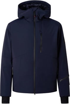 Dunkelblaue Herren-Skijacke mit Kapuze und schwarzen Reißverschlüssen.