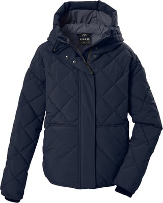 Gesteppte dunkelblaue Jacke mit Kapuze und Reißverschluss.