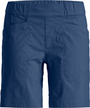Blaue Stoffshorts mit elastischem Bund und Seitentaschen.