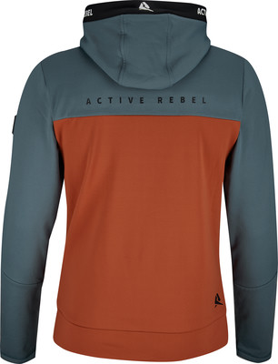 Rückansicht eines Herren-Hoodies in Blaugrün und Orange. Rückansicht eines Herren-Hoodies in Blaugrün und Orange.