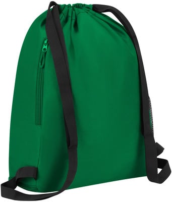 Grüne Tasche mit schwarzen Trägern und Fronttasche mit Reißverschluss. Grüne Tasche mit schwarzen Trägern und Fronttasche mit Reißverschluss.