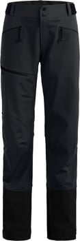 Schwarze Outdoorhose mit mehreren Taschen und verstärkten Beinabschlüssen.
