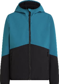 Blaue und schwarze Herrenjacke mit Kapuze und Reißverschluss, farblich blockiert.
