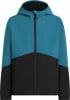 Blaue und schwarze Herrenjacke mit Kapuze und Reißverschluss, farblich blockiert.