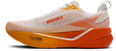 Weißer Brooks Laufschuh mit orangefarbenen Akzenten und Markenlogo. Weißer Brooks Laufschuh mit orangefarbenen Akzenten und Markenlogo.