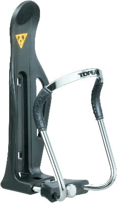 Schwarzer Flaschenhalter mit Topeak-Logo und silbernem Rahmen. Schwarzer Flaschenhalter mit Topeak-Logo und silbernem Rahmen.