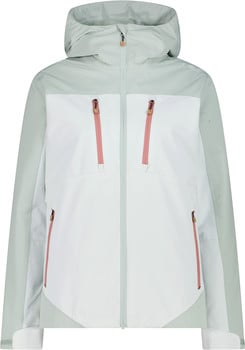 Hellgraue Jacke mit Kapuze und rosa Reißverschlüssen, ideal für Outdoor-Aktivitäten.