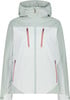 Hellgraue Jacke mit Kapuze und rosa Reißverschlüssen, ideal für Outdoor-Aktivitäten.