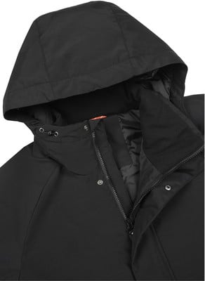 Detail einer schwarzen Kapuzenjacke mit Reißverschluss und Druckknöpfen. Detail einer schwarzen Kapuzenjacke mit Reißverschluss und Druckknöpfen.