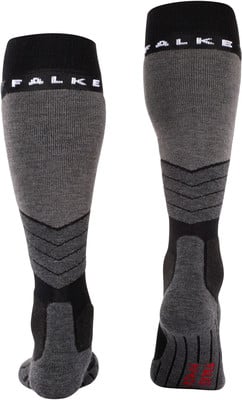 Zwei graue Kniestrümpfe der Marke Falke mit schwarzem Bund und Logo. Zwei graue Kniestrümpfe der Marke Falke mit schwarzem Bund und Logo.