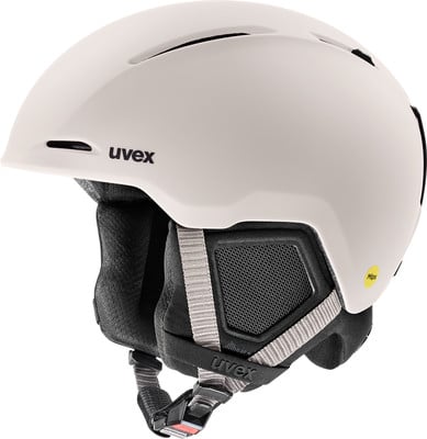 Ein beiger Skihelm von Uvex mit schwarzem Logo und MIPS-Technologie. Ein beiger Skihelm von Uvex mit schwarzem Logo und MIPS-Technologie.