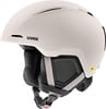 Ein beiger Skihelm von Uvex mit schwarzem Logo und MIPS-Technologie.