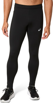 Ein Mann in schwarzen Laufleggings und Schuhen mit Asics-Logo.