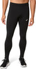 Ein Mann in schwarzen Laufleggings und Schuhen mit Asics-Logo.