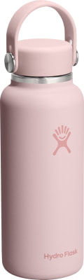 Eine rosafarbene Hydro Flask Flasche mit Griff und Logo.