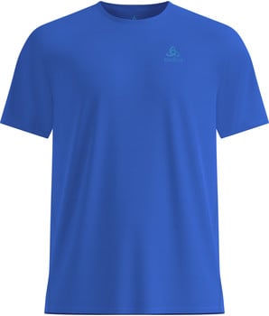 Ein blaues T-Shirt mit dem Odlo-Logo auf der Brust.