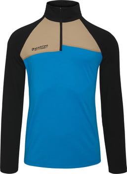 Blaues Herren-Shirt mit schwarzen Ärmeln und beige-farbenem Streifen.