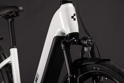 Detailaufnahme eines weißen E-Bikes mit schwarzem Rahmen und Licht. Detailaufnahme eines weißen E-Bikes mit schwarzem Rahmen und Licht.