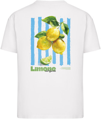 Weißes T-Shirt mit Zitronen- und blauen Streifenaufdruck Weißes T-Shirt mit Zitronen- und blauen Streifenaufdruck