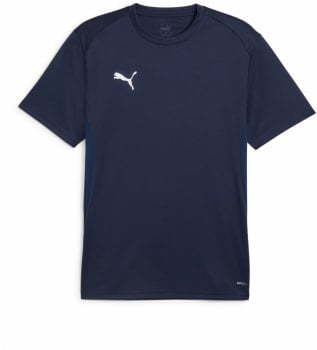Dunkelblaues Puma-T-Shirt mit weißem Logo und dunkelblauen Seitenteilen.
