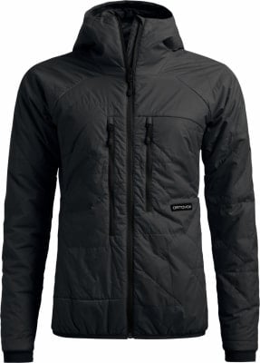 Schwarze Daunenjacke mit Kapuze und gestepptem Design. Schwarze Daunenjacke mit Kapuze und gestepptem Design.