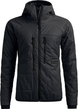 Schwarze Daunenjacke mit Kapuze und gestepptem Design.