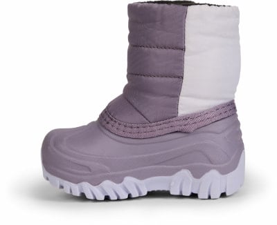 Lila Winterstiefel mit weißem Oberteil und robuster Sohle. Lila Winterstiefel mit weißem Oberteil und robuster Sohle.