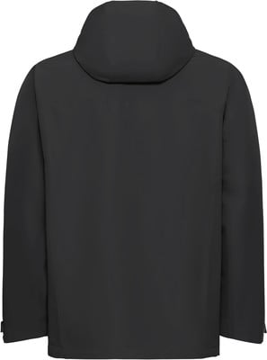 Rückansicht einer schwarzen Winterjacke mit Kapuze. Rückansicht einer schwarzen Winterjacke mit Kapuze.