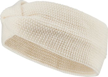 Eine cremefarbene Strickstirnband mit gekreuztem Design vorne.