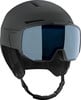Schwarzer Skihelm mit Visier und verstellbarem Riemen.