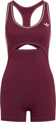 Damen-Bodysuit aus Burgunderrot von Adidas mit weißen Streifen und Ausschnitt. Damen-Bodysuit aus Burgunderrot von Adidas mit weißen Streifen und Ausschnitt.