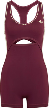 Damen-Bodysuit aus Burgunderrot von Adidas mit weißen Streifen und Ausschnitt.