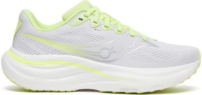 Weiße Laufschuhe mit neongelben Akzenten und Saucony-Logo. Weiße Laufschuhe mit neongelben Akzenten und Saucony-Logo.