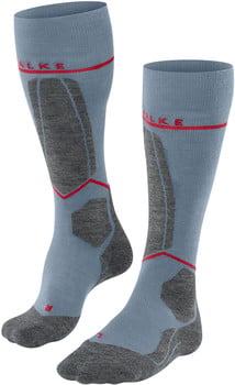 Blaue hohe Socken mit roten Details und Markenlogo.